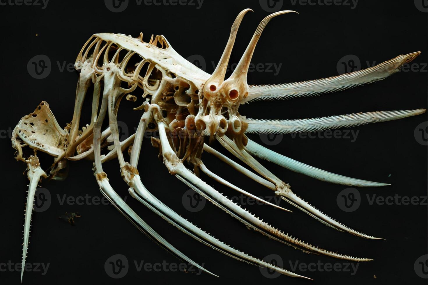 skeleton of a fish on a black surface. . photo