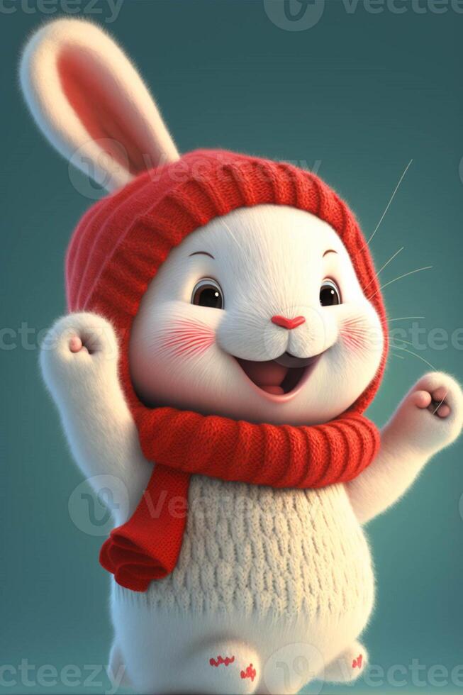 white rabbit wearing a red hat and scarf. . photo