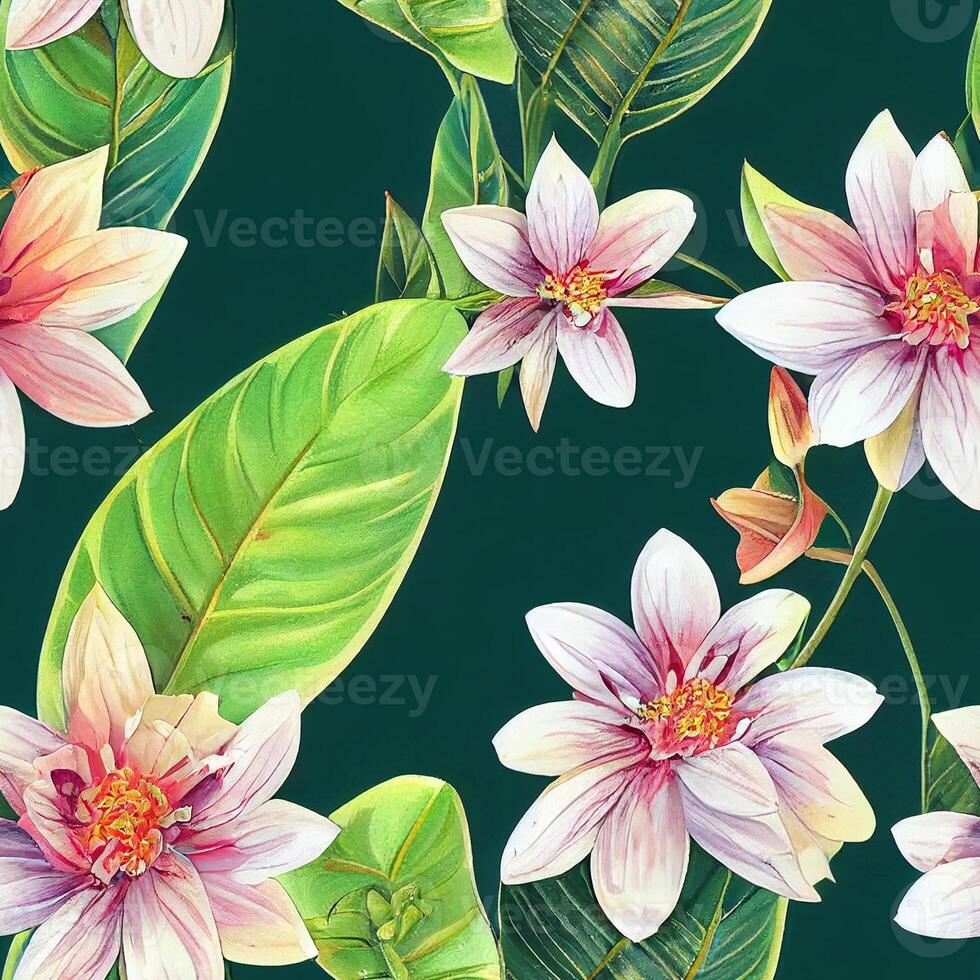 painting of flowers and leaves on a green background. . photo