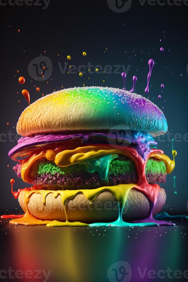 arco iris de colores hamburguesa sentado en parte superior de un lámina. generativo ai. foto