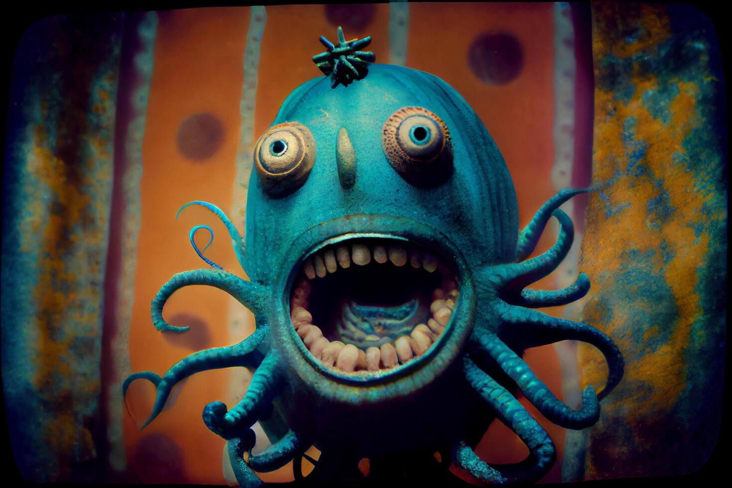 close up of a toy octopus with its mouth open. . photo