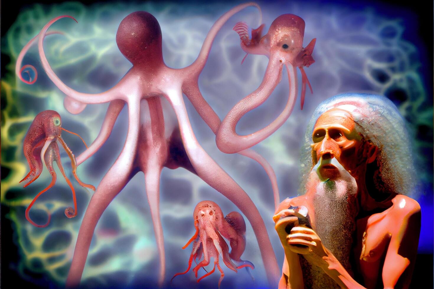 man with a beard standing in front of an octopus. . photo