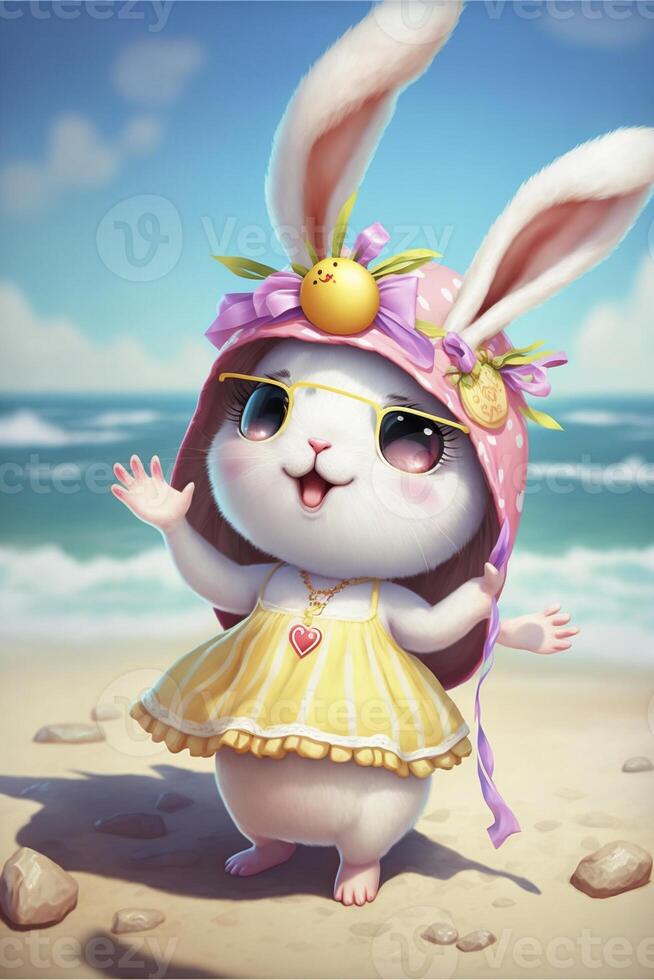 cartoon bunny standing on a beach next to the ocean. . photo