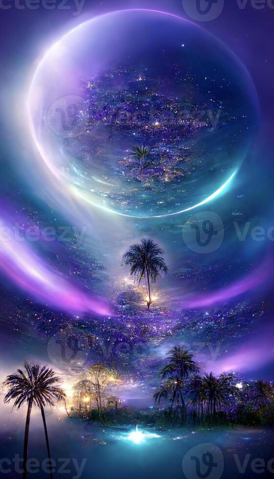 the night sky and palm trees are reflected in the water. . photo