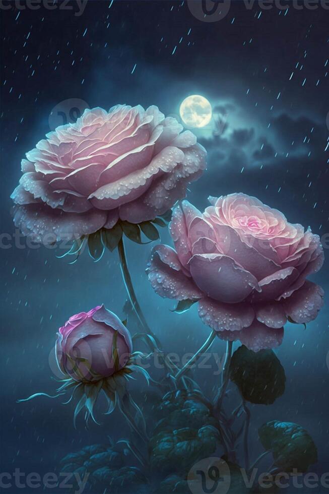 two pink roses in the rain with a full moon in the background. . photo