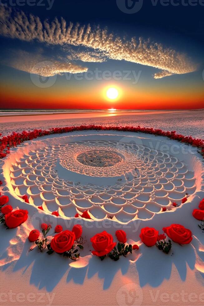 circle of red roses with a sunset in the background. . photo