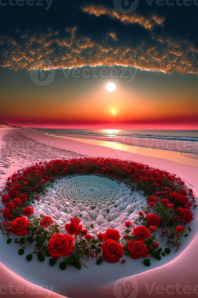 heart made out of red roses on a beach. . photo