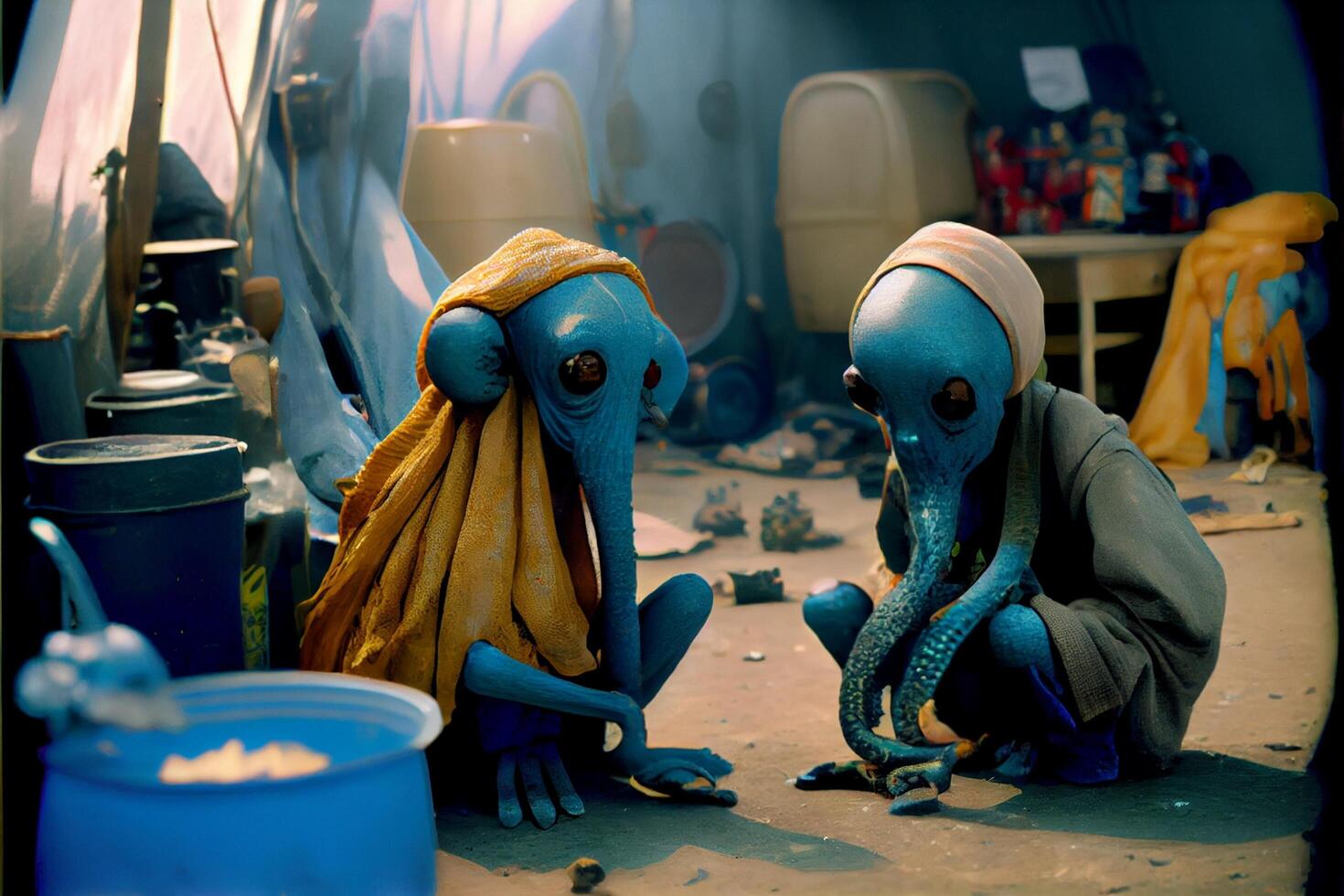 couple of blue aliens sitting next to each other. . photo