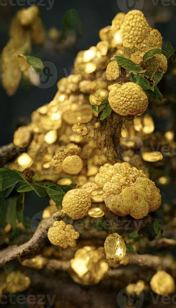 bunch of gold coins sitting on top of a tree. . photo