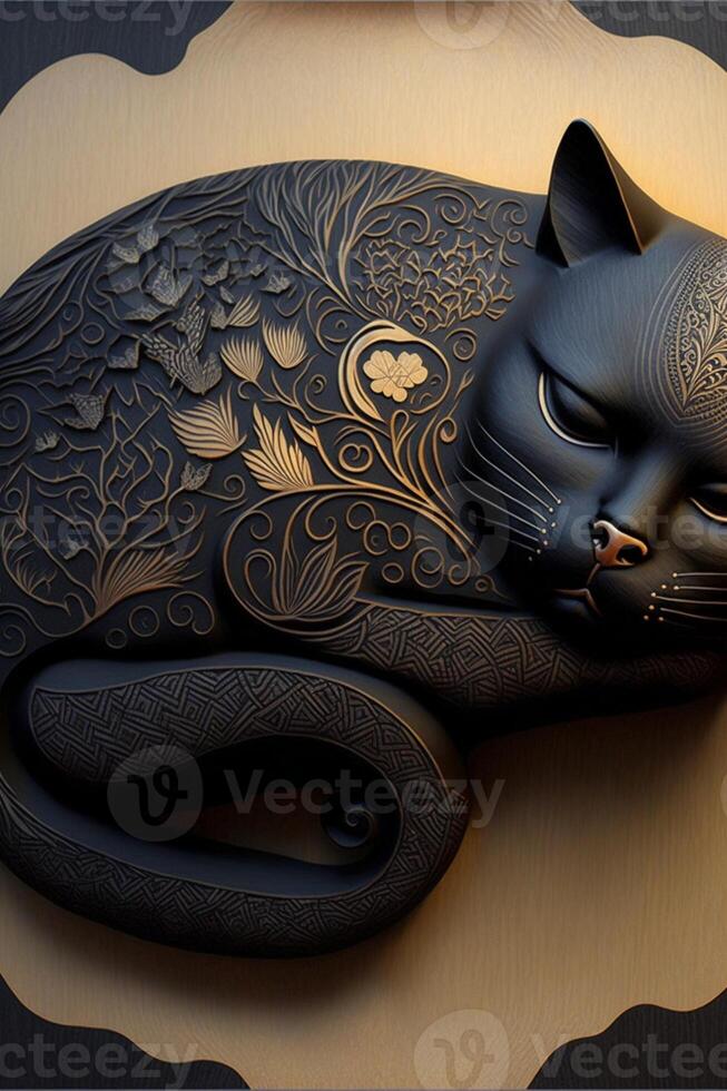 black cat statue sitting on top of a table. . photo