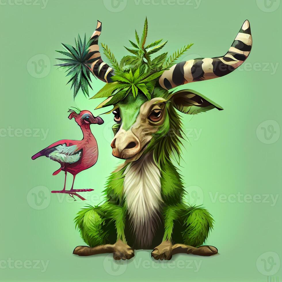 goat with a plant on its head sitting next to a flamingo. . photo