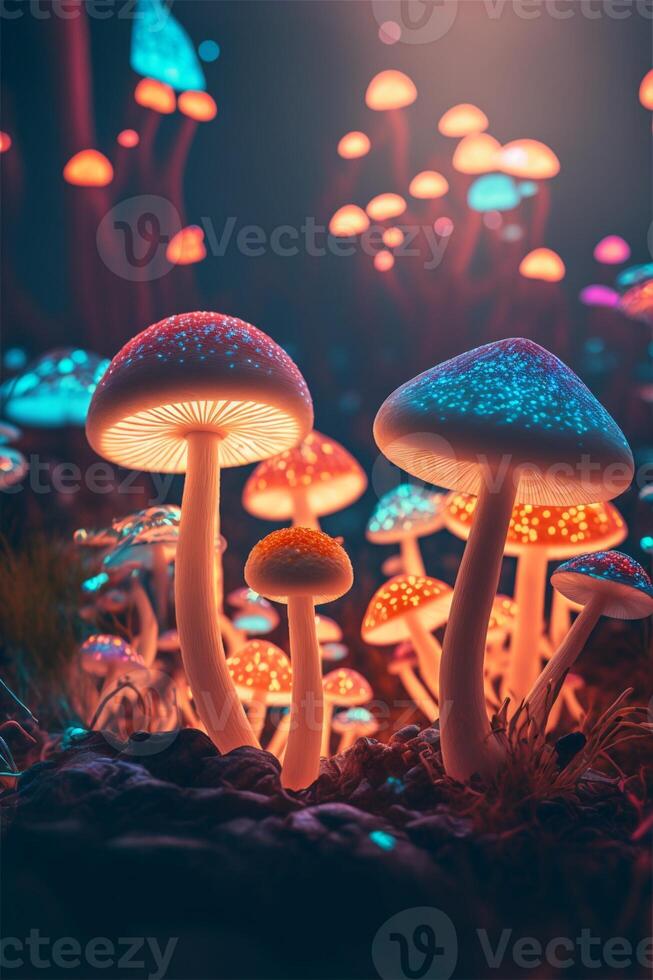 group of mushrooms sitting on top of a lush green field. . photo
