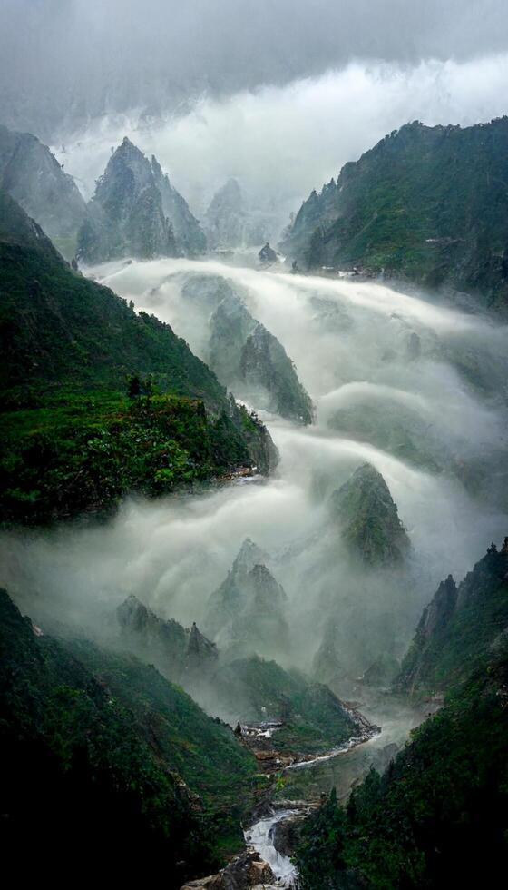 river flowing through a lush green valley. . photo