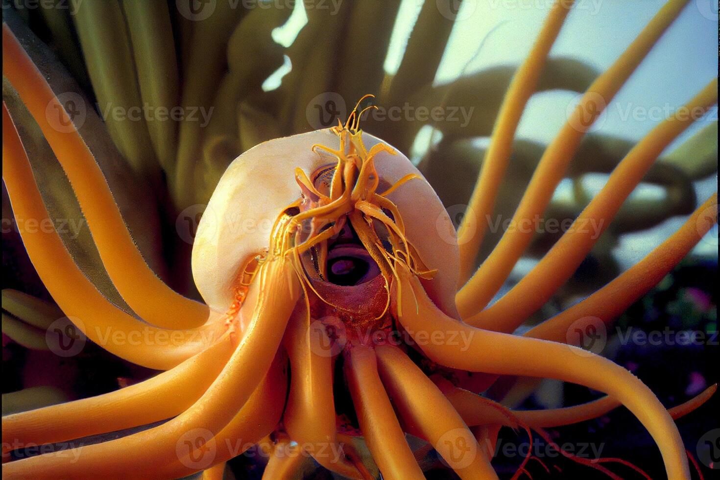 close up of an octopuss head on a plant. . photo