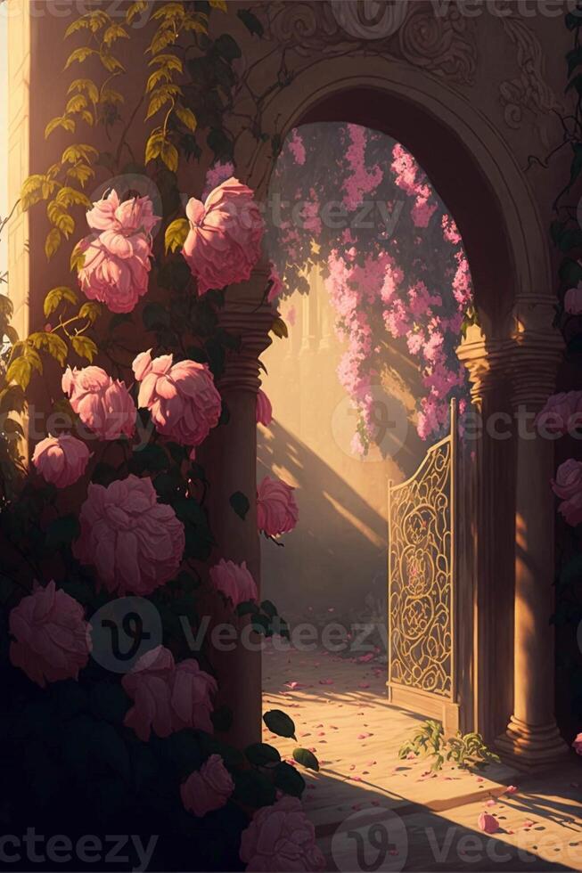 painting of a gate surrounded by pink flowers. . photo