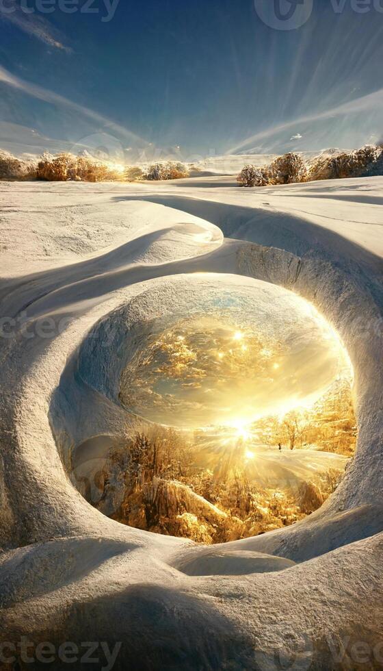 the sun shines through a hole in the snow. . photo