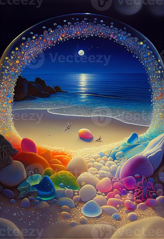painting of a beach under a full moon. . photo