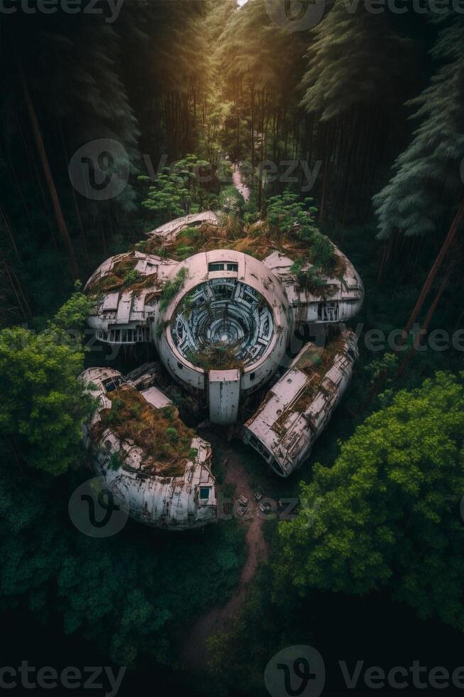 futuristic building in the middle of a forest. . photo