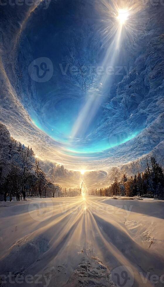 the sun shines brightly over a snow covered field. . photo