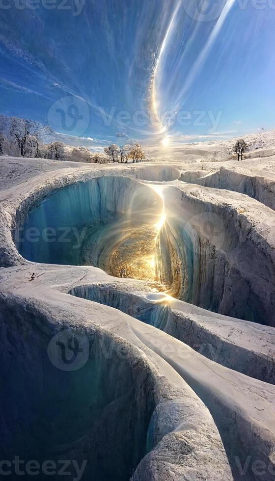 large hole in the middle of a snow covered field. . photo