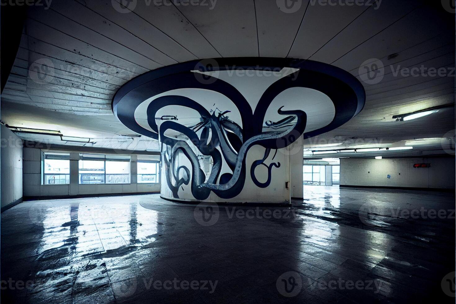 an empty parking garage with graffiti on the walls. . photo