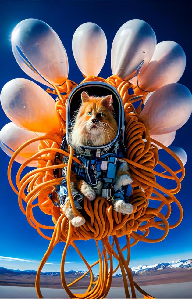 cat sitting on top of a bunch of balloons. photo
