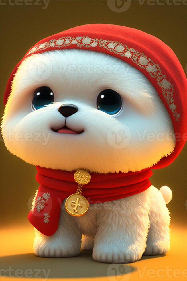 white dog wearing a red scarf and a red hat. . photo