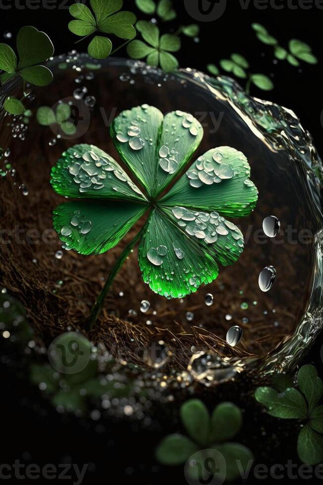 four leaf clover in a bubble of water. . photo