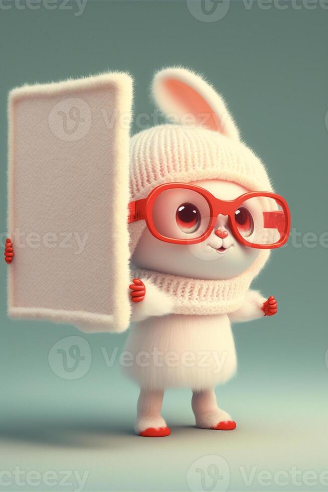cartoon bunny with glasses holding a sign. . photo