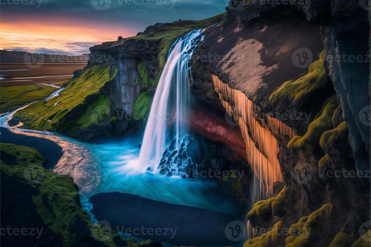 waterfall in the middle of a lush green valley. . photo