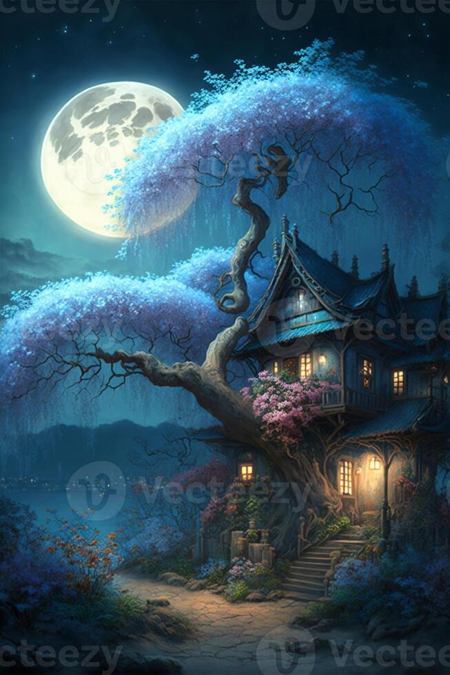 pintura de un casa debajo un lleno Luna. generativo ai. foto