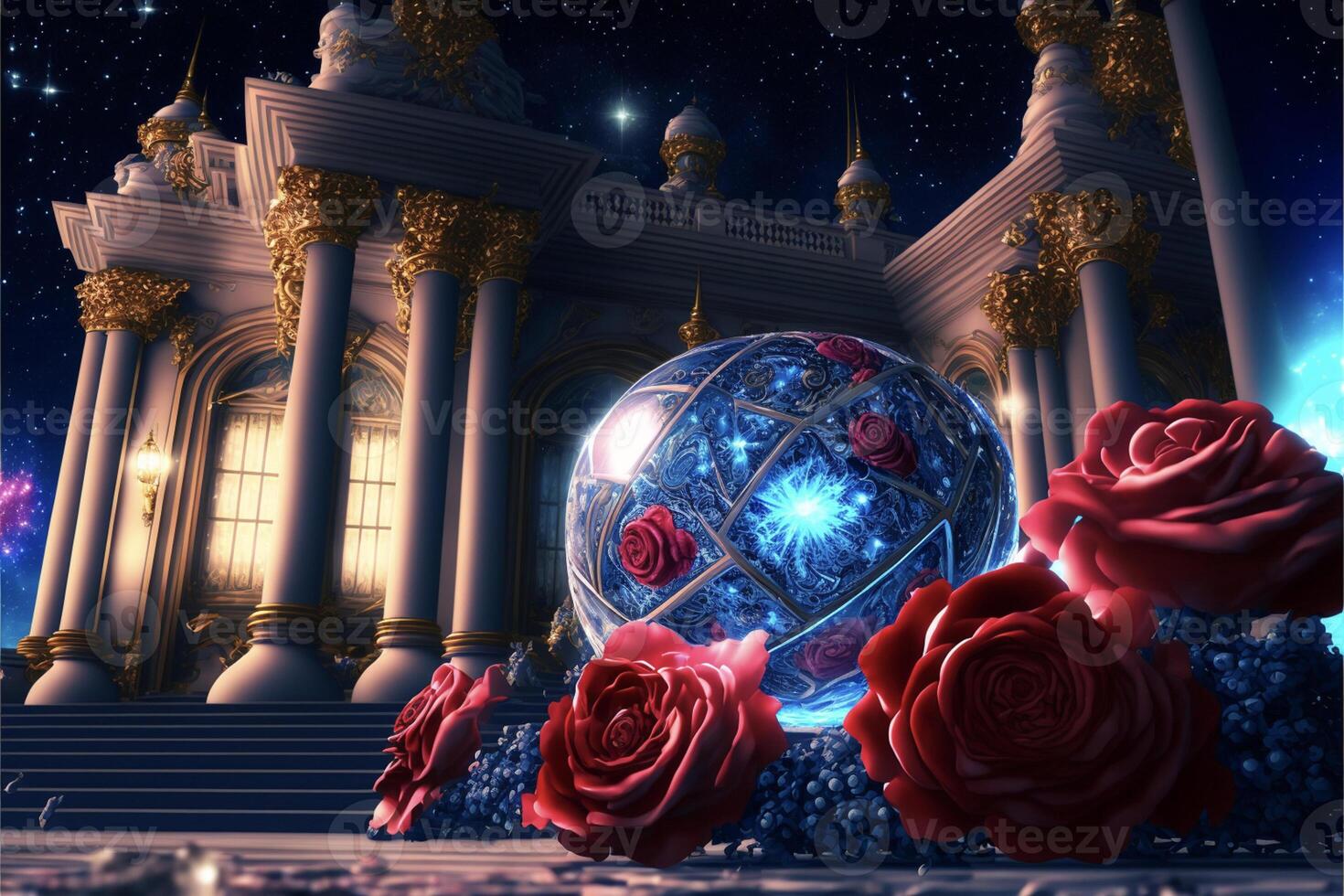 crystal ball surrounded by roses in front of a building. . photo