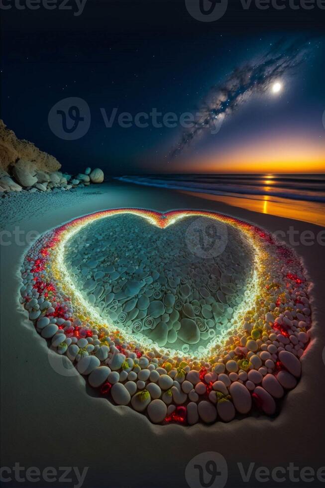 corazón hecho fuera de piedras en un playa. generativo ai. foto