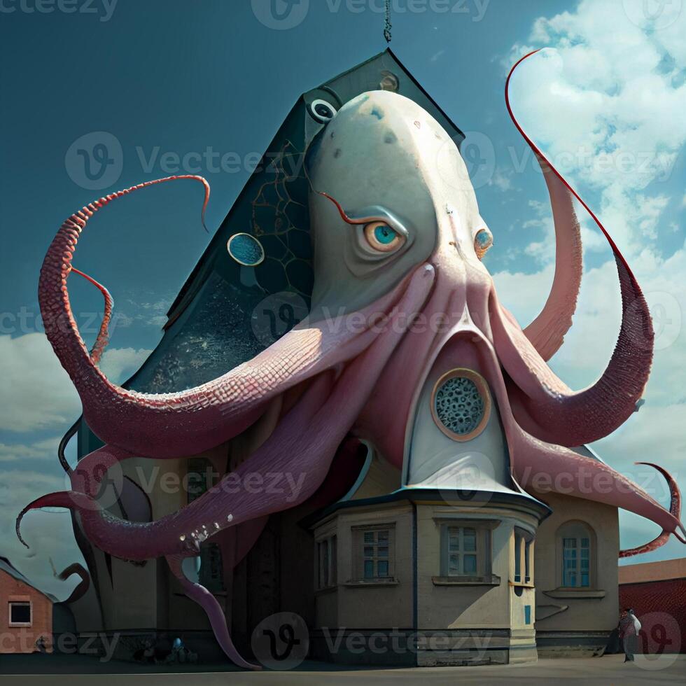 giant octopus statue in front of a building. . photo