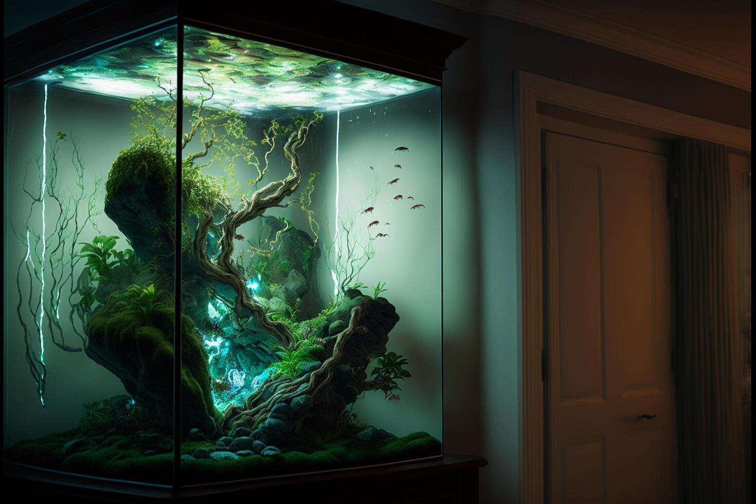 fish tank with a mossy tree inside of it. . photo