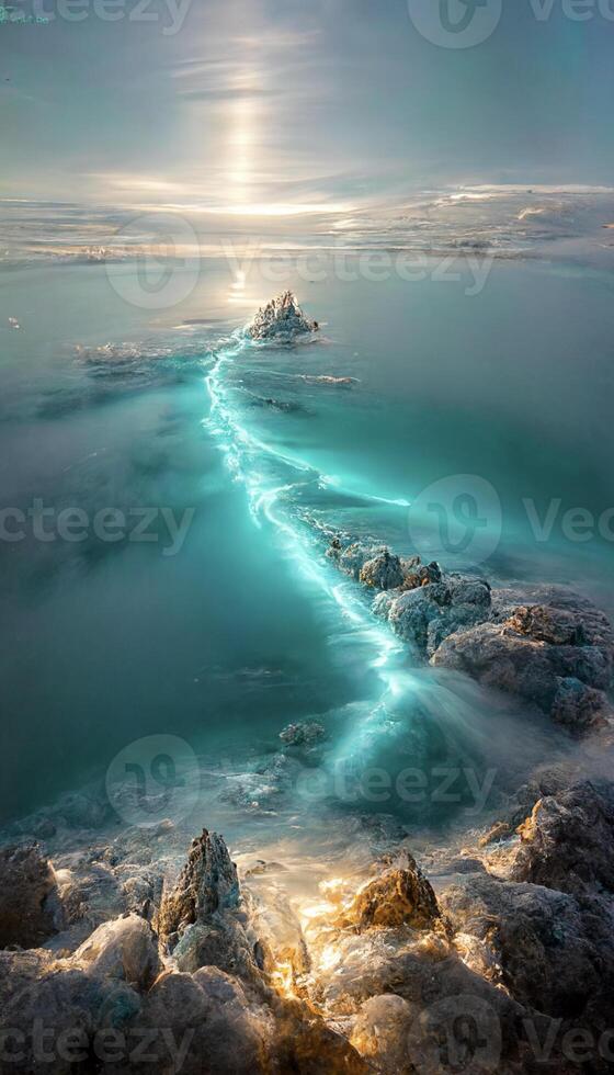 large body of water sitting on top of a sandy beach. . photo