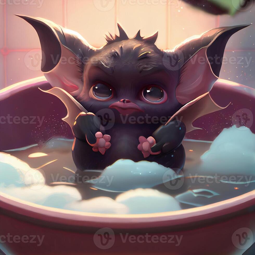 cartoon bat taking a bath in a bathtub. . photo