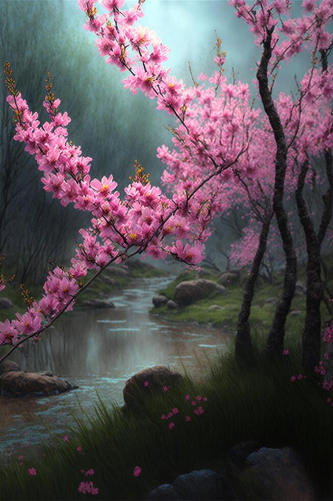 painting of a river surrounded by pink flowers. . photo