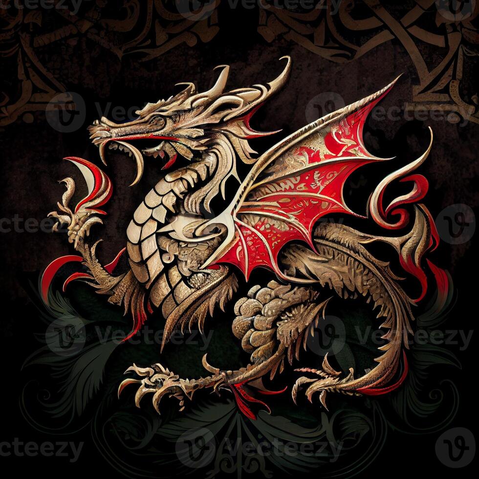 red and gold dragon on a black background. . photo