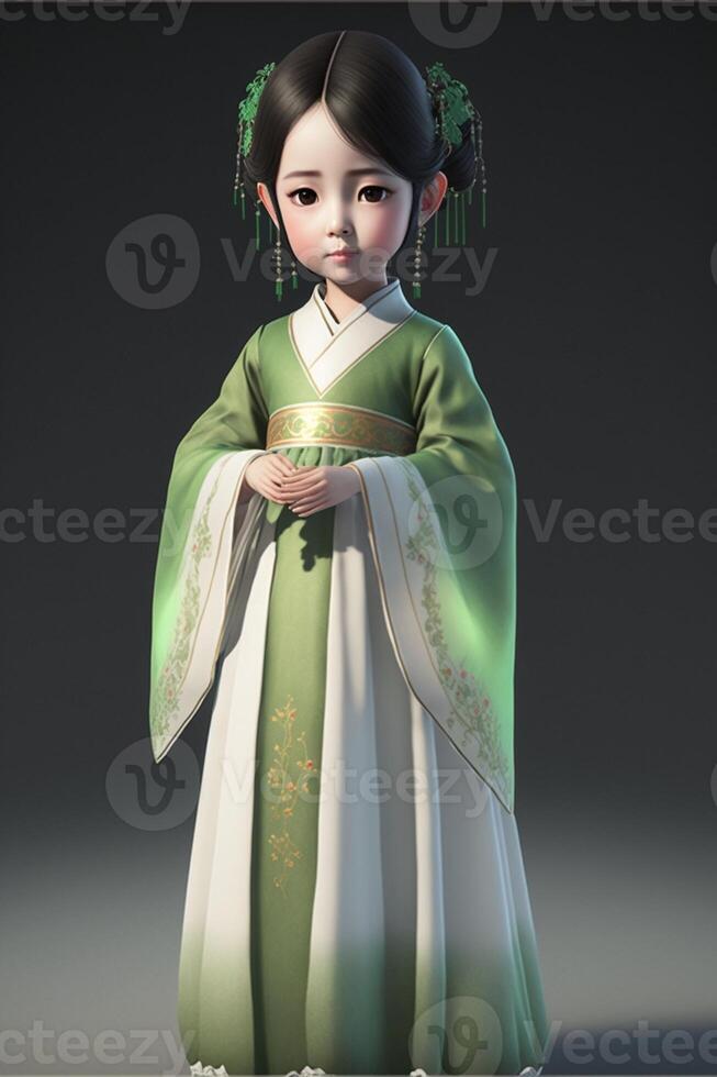 little asian girl in a green and white dress. . photo