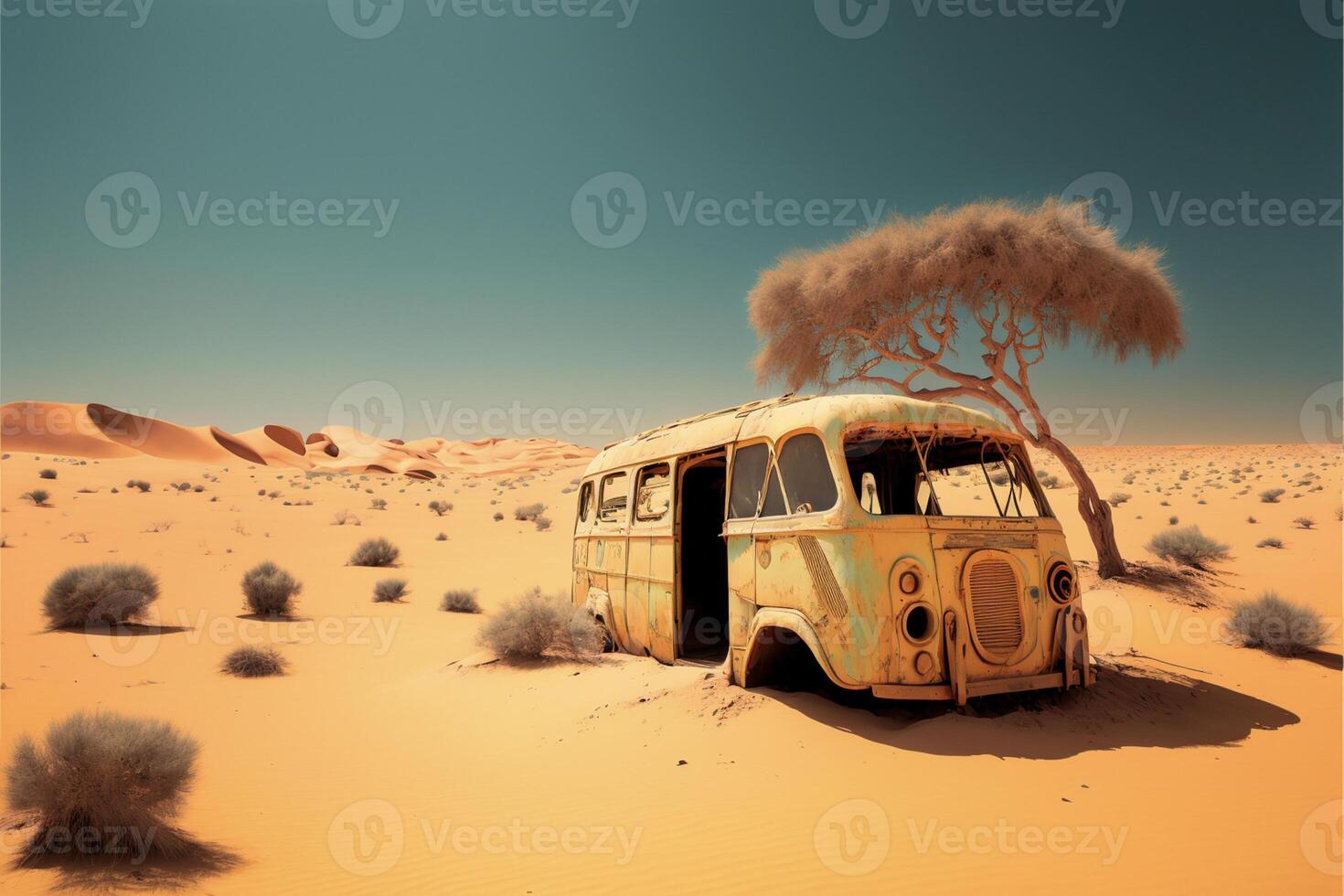 un antiguo autobús sentado en el medio de un desierto. generativo ai. foto