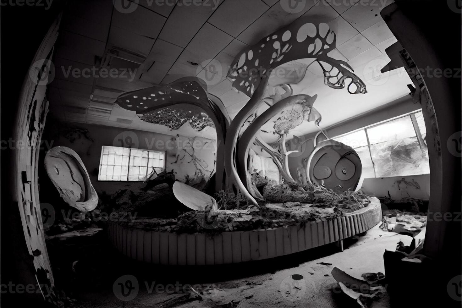 black and white photo of a clock in a room. .