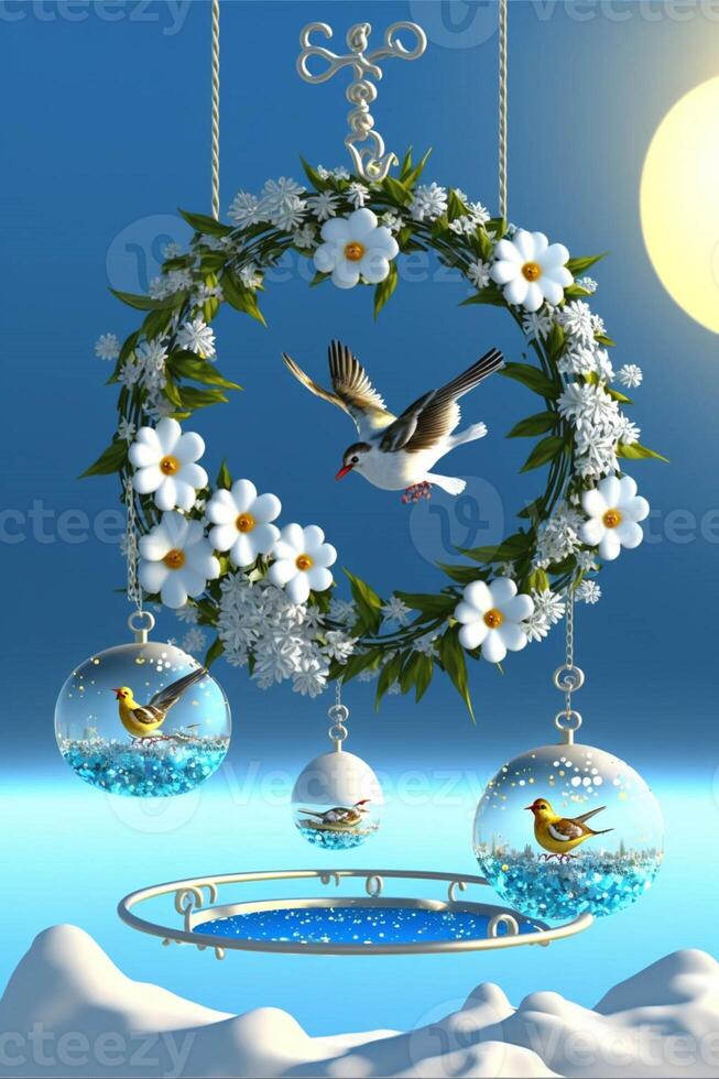 christmas wreath with birds and flowers hanging from it. . photo