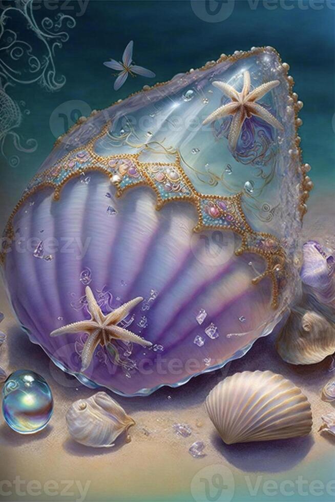 painting of shells and starfishs on a beach. . photo