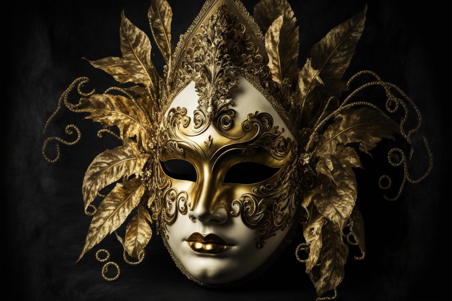 close up of a gold mask on a black background. . photo