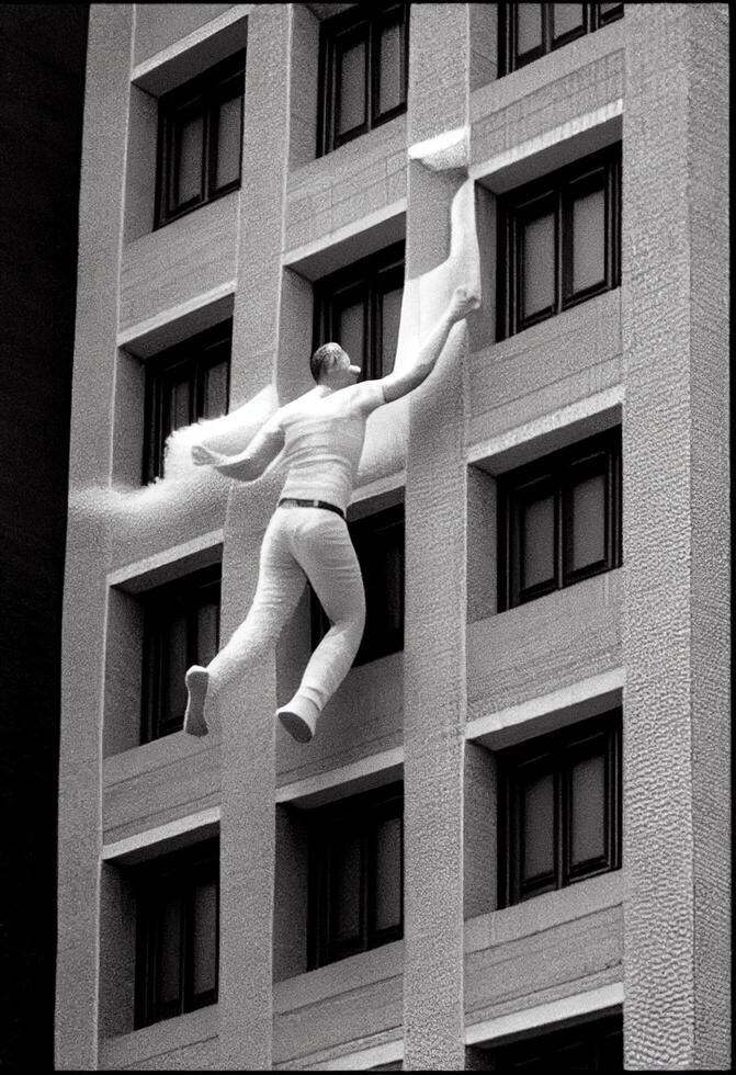 man hanging from the side of a tall building. . photo