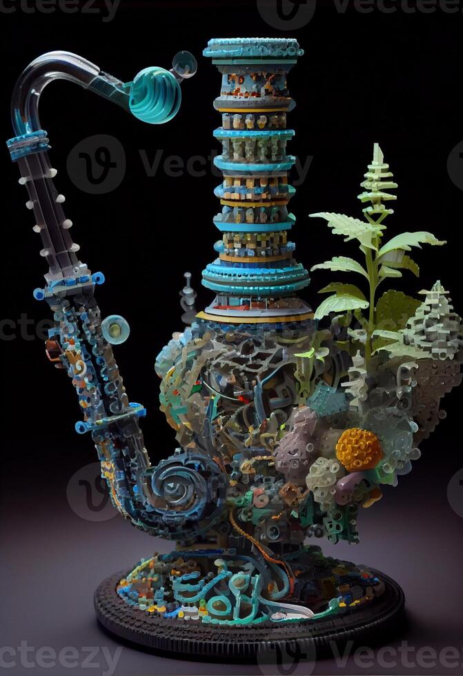 close up of a vase with a musical instrument. . photo