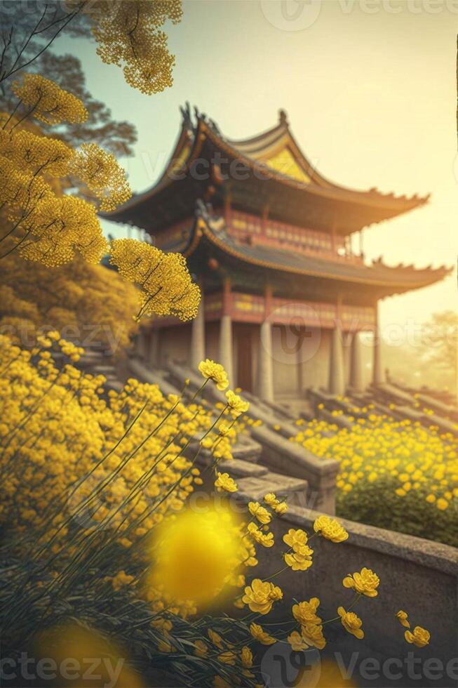 yellow flower field with a pagoda in the background. . photo