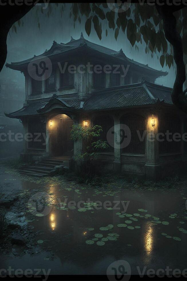 house in the middle of a swamp at night. . photo