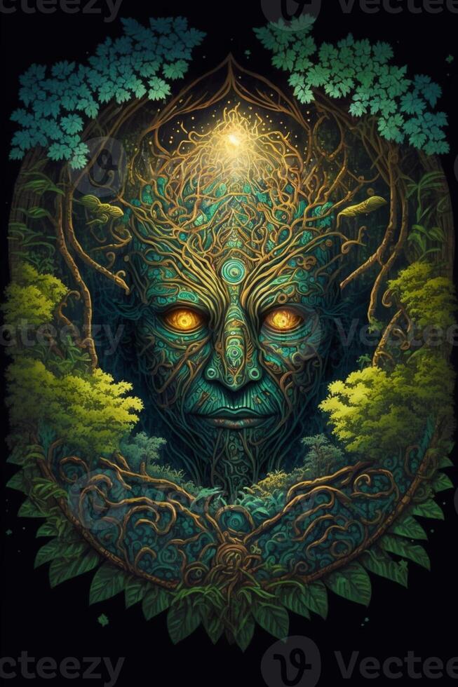 painting of a mans face surrounded by trees. . photo